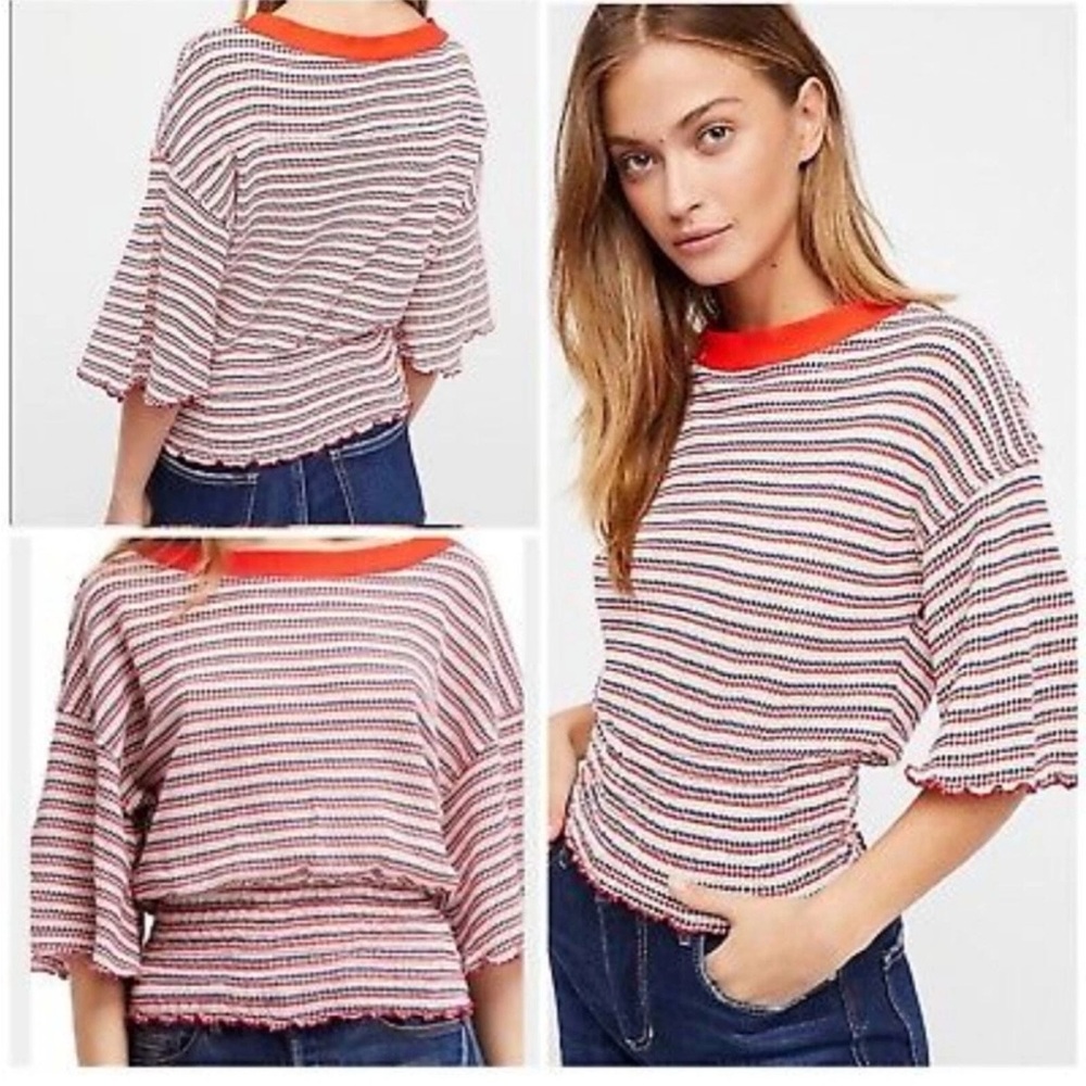 We The Free Red & White Striped Smocked-Hem Short Sleeve Top